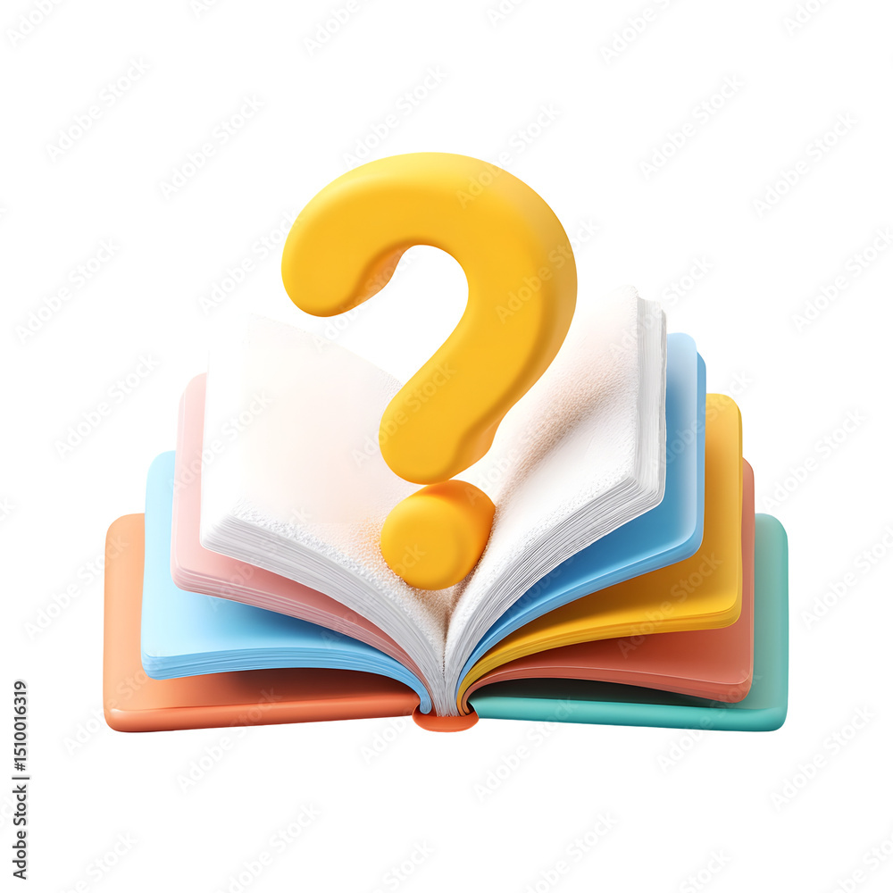 Poster An open book with a vibrant 3D rendered question mark icon on a soft transparent background symbolizing the curiosity inquiry and of knowledge and learning