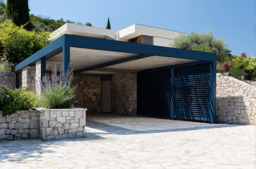 Modern carport with stone walls and greenery, providing stylish shelter for vehicles. design blends nature and architecture