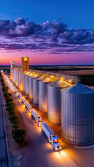 Trucks picking up grain at silos at dusk