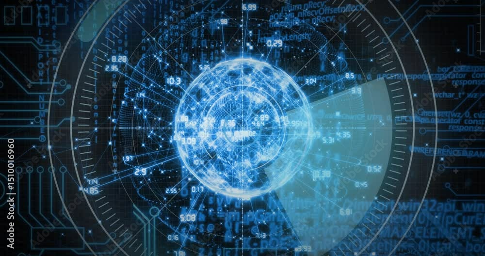 Poster upon appearing, glowing sphere scanning data with rotating wedge and pulsing grid for data insight