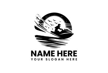 An energetic vector logo jet ski stencil art with a large splash effect