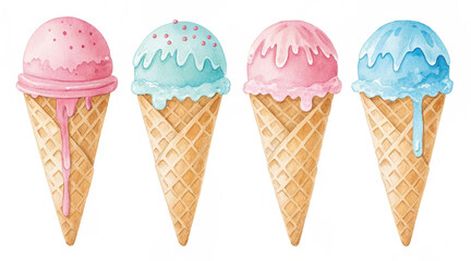 Delicious sweet vanilla ice cream cone with strawberry and chocolate flavors isolated on white