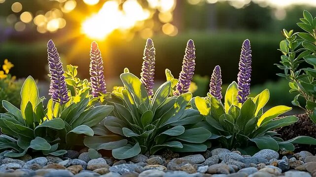 Sunset Glow Illuminates Purple Veronica Spicata Flowers in a Serene Rock Garden Setting
