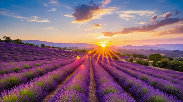 golden hour sun shining over purple lavender field with soft clouds and distant hills, peaceful evening landscape in countryside