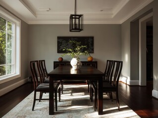 A dining room with a dark wooden table and chairs.