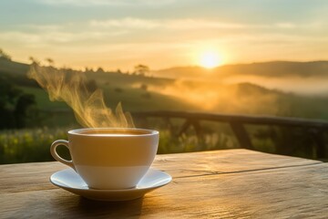 Enjoying a steaming cup of tea while watching the breathtaking sunrise over the hills, Steaming tea cup on wooden table by the sea with breathtaking sunrise Relaxation concept