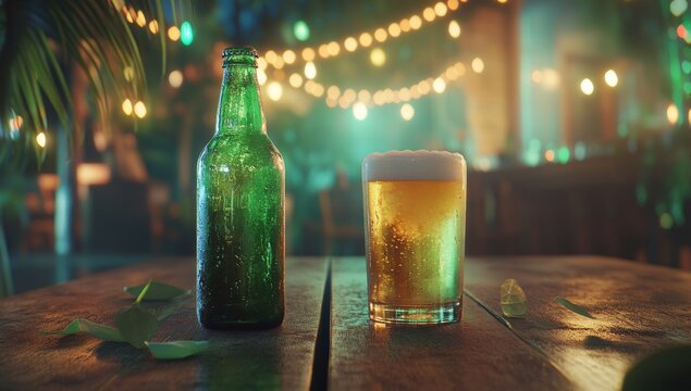 Mark St. Patrick'S Day and Oktoberfest with two glasses and a bottle of chilled green beer placed on a wooden table - Powered by Adobe