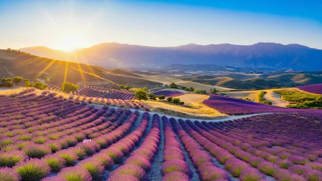 lavender flower field with sun setting behind the mountains, peaceful summer landscape view of nature, relaxing moment in countryside
