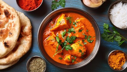 Murgh makhani cAuthentic Indian Butter Chicken with Naan Bread and Spices Top View
