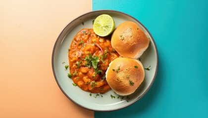 Pav Bhaji Indian Street Food with Spiced Mashed Vegetables and Bread Rolls on pastel color background top view