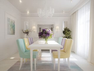 A dining room with pastel colored chairs and white decor.