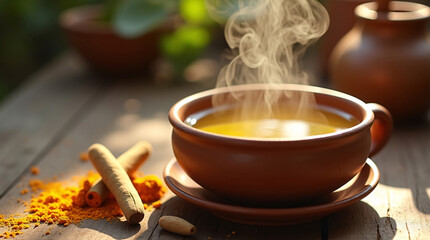 Close-up steaming herbal detox tea with turmeric, cardamom, and tulsi in traditional clay cup on wooden table. Cozy morning light and Ayurvedic healing atmosphere, no people visible.