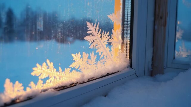 frost on window with morning light, close-up view of snowflake shapes on glass, peaceful winter moment inside warm house