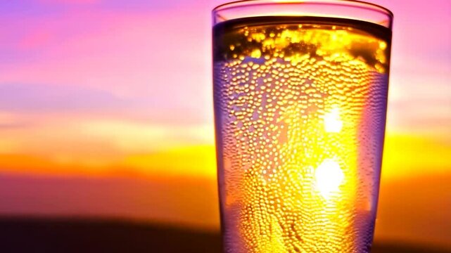 Cold drink in glass at sunset