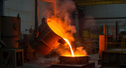 Molten Metal Being Poured From Ladle In Foundry Creating Steam And Sparks
