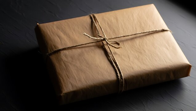 Brown paper package tied with string on a dark surface, creating a rustic and minimalist aesthetic for gifts and deliveries