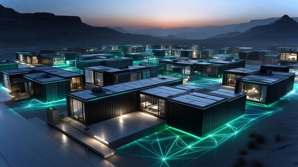 Innovative shipping container village with modern designs and glowing pathways at dusk