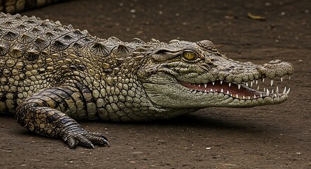 Naklejka premium Resting Crocodile Showing Teeth in Natural Habitat