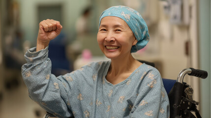 Cancer survivor celebrates victory in hospital recovery room after treatment with supportive staff around