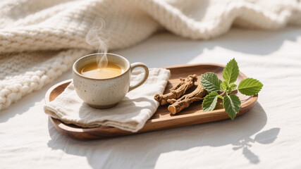 Fototapeta premium Calming postpartum recovery ritual with steaming golden milk, ceramic cup, dried ashwagandha roots, fresh tulsi leaves, wooden tray, linen napkin, soft wool blanket, warm sunlight, minimalist design