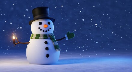Snowman Holding Candle in Snowy Scene at Night