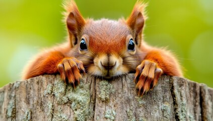 Fototapeta premium A charming European red squirrel is captured in a close-up portrait, resting on a tree stump, in an endearing image of Sciurus vulgaris