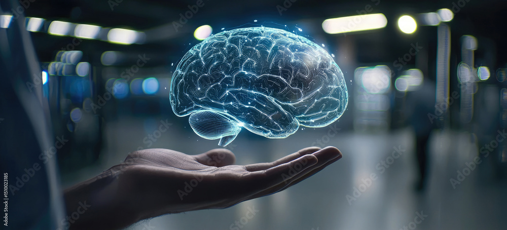 Aufkleber holographic brain digital technology artificial intelligence innovation science futuristic hand glow