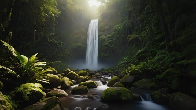 lush green forest with waterfall flowing over rocks in peaceful jungle, tropical nature landscape in sunlight