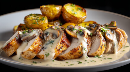 Delicious grilled chicken breast with creamy mushroom sauce served with roasted potatoes