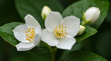 Obraz premium White Flowers Blooming with Raindrops on Petals Close-up