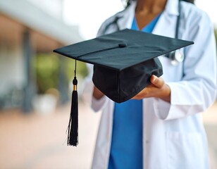 Doctor holding graduation cap outdoors