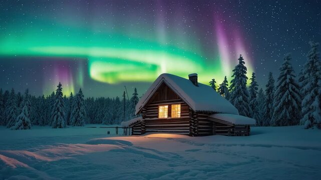 cozy wooden cabin under the northern lights in snowy landscape with green and purple aurora in night sky