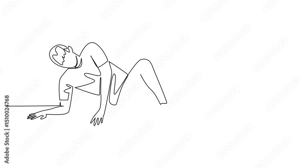 Poster animation of continuous one line drawing a man exercising using a foam roller. cooling with tools. r