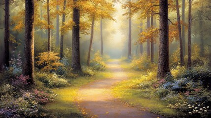 Obraz premium A quiet path in the woods surrounded by low-hanging fog and densely packed trees