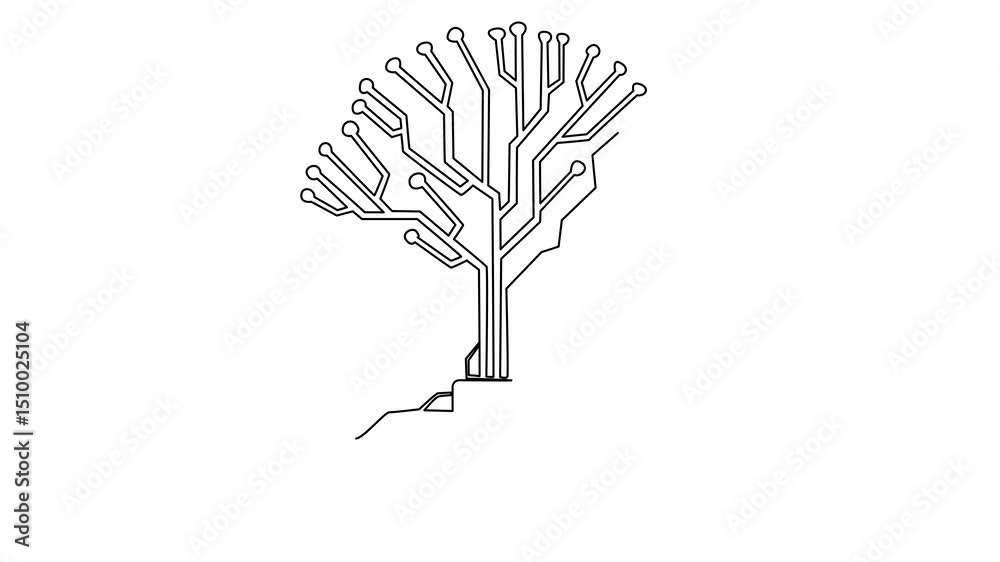 Poster animation of single continuous line drawing tree shaped circuit board. expanding trees using technol
