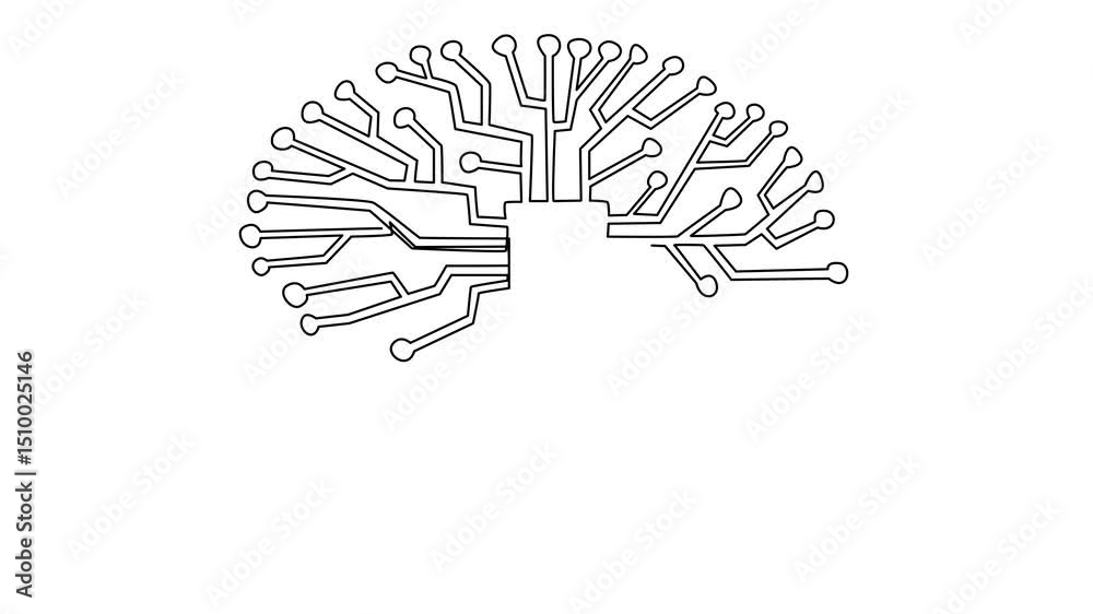 Poster self drawing animation of single continuous line drawing brain shaped circuit board. artificial inte