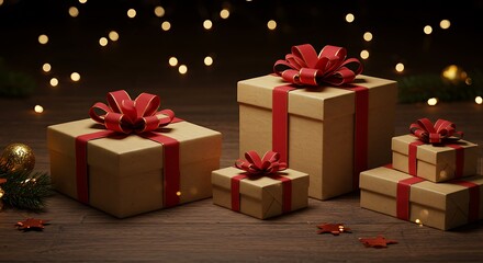 Obraz premium Wrapped Gift Boxes with Red Ribbons on Wood with Blurred Lights