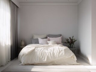 A bedroom with a neutral color palette and soft furnishings.