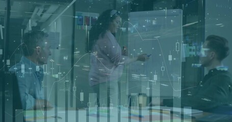 Businesswoman uncapping pen and drawing line in meeting with animated chart illustrating data point - Powered by Adobe