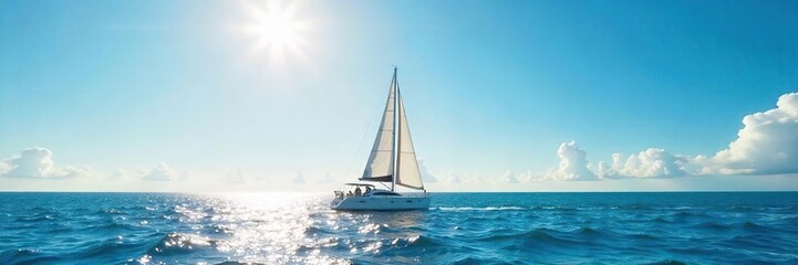 A vibrant sailboat glides across a sun-drenched ocean, the white sails billowing in a gentle breeze under a bright blue sky Perfect for travel, adventure, and nautical themes , blue, clouds, sun