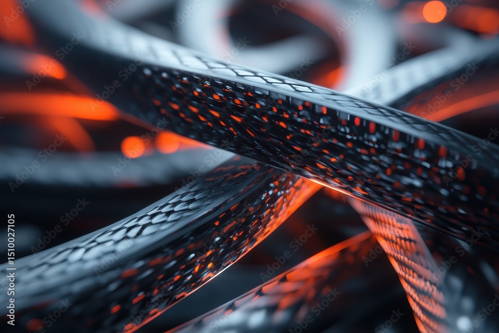 Poster data streams intertwined with glowing accents for enhanced transfer and storage efficiency, crossed 