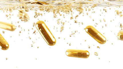 Golden capsules floating in liquid, showcasing pharmaceutical innovation