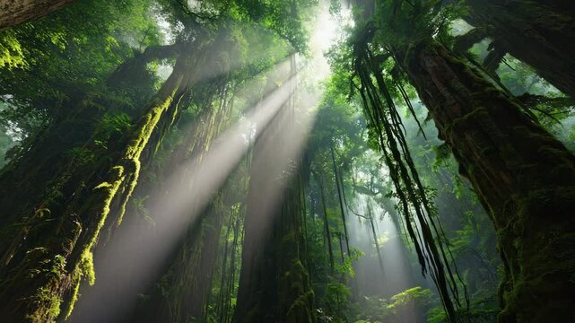 tall tropical rainforest trees with bright morning sunrays streaming through the green canopy in peaceful jungle