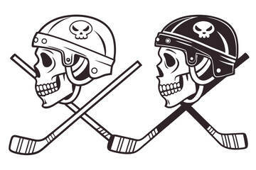 Skull Hockey Logo Vector – Aggressive Hockey Emblem with Crossed Sticks and Helmets – Skeleton Sports Icon for Team Branding and Merchandise. Hockey retro logo player head in helmet vector.