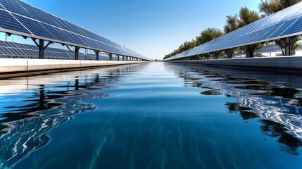 Solar panels above canal irrigation system reflecting clear blue sky and tranquil water