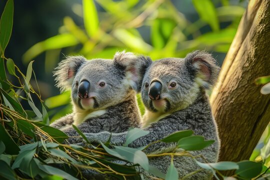 Fototapeta Koala bears resting together in lush forest of wild Australia during peaceful daylight hours, Koala bears in forest of wild Australia Exotic animals in native environment