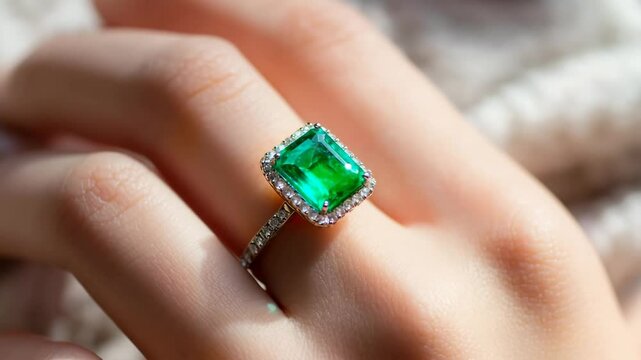 Ring with a bright emerald shimmers with a green glow on her finger. The emerald accentuates the delicate sophistication of the jewelry