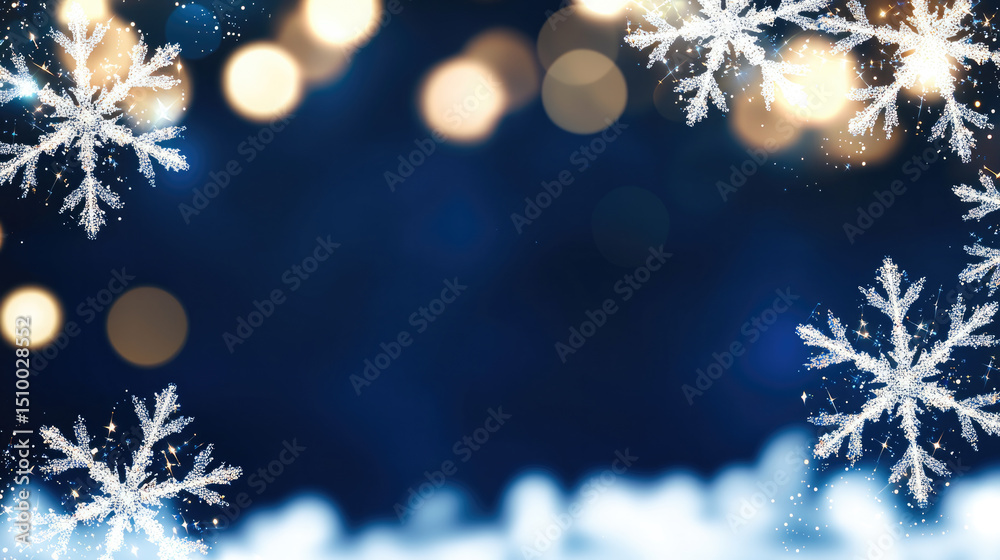 Aufkleber Glittering snowflake border with bokeh lights on dark blue background, creating festive and magical winter holiday mood