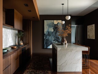 Modern kitchen with a large island and dark wood cabinetry.