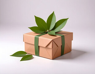 High-resolution kraft paper gift box with fresh green leaves on neutral background and soft daylight

